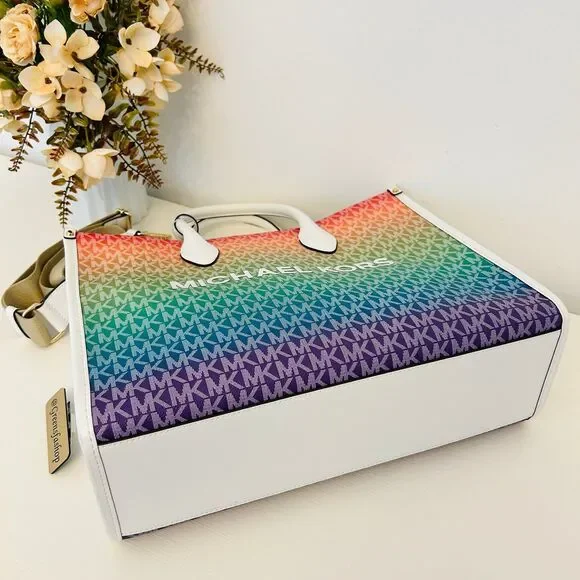 Michael Kors Purse Mirella Medium Ombré Logo Tote Bag Rainbow - Picture 4 of 9